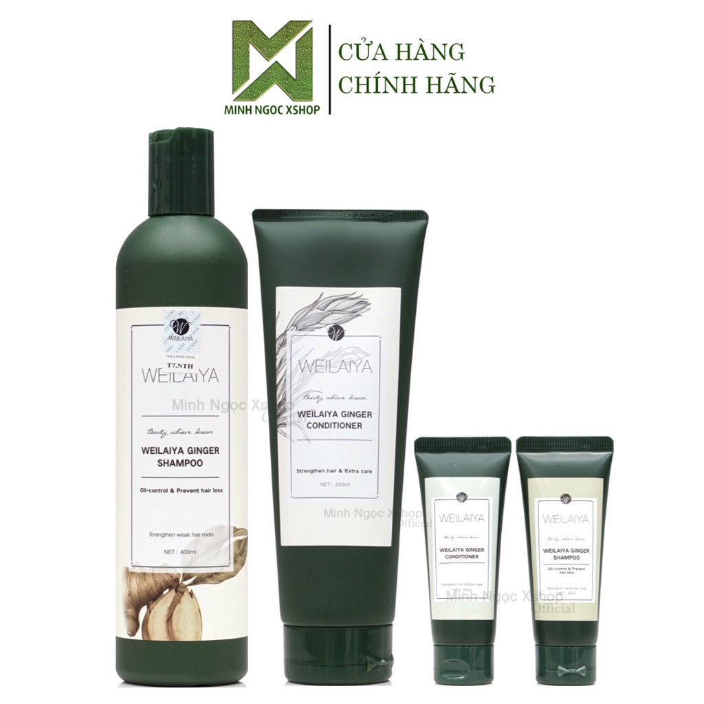 Combo dầu gội, xả gừng trắng WEILAIYA GINGER chống rụng kích mọc tóc 400ml + 250ml tặng set mini 20ml