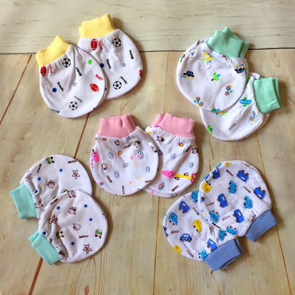 Set 2 đôi Bao Tay Sơ Sinh Cổ Bo Họa Tiết Mintu
