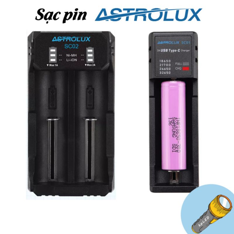 Sạc nhanh 2A Astrolux SC01 SC02 1-2 khe sạc pin 18650 21700 26650 type C