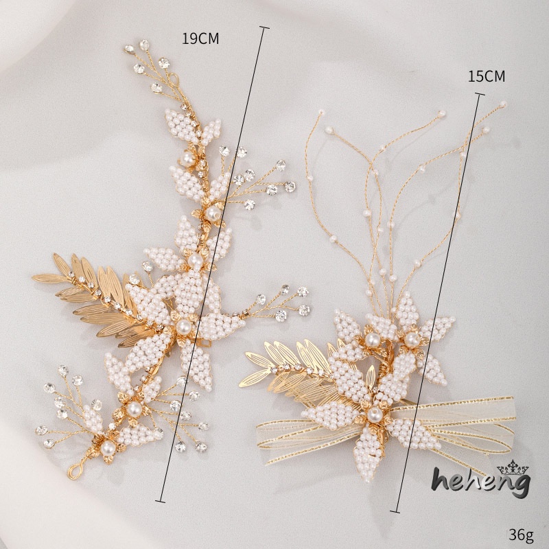 1 Bộ Kẹp Tóc Hình Hoa Lá Đính Đá &amp; Ngọc Trai Giả Thanh Lịch Cho Cô Dâu