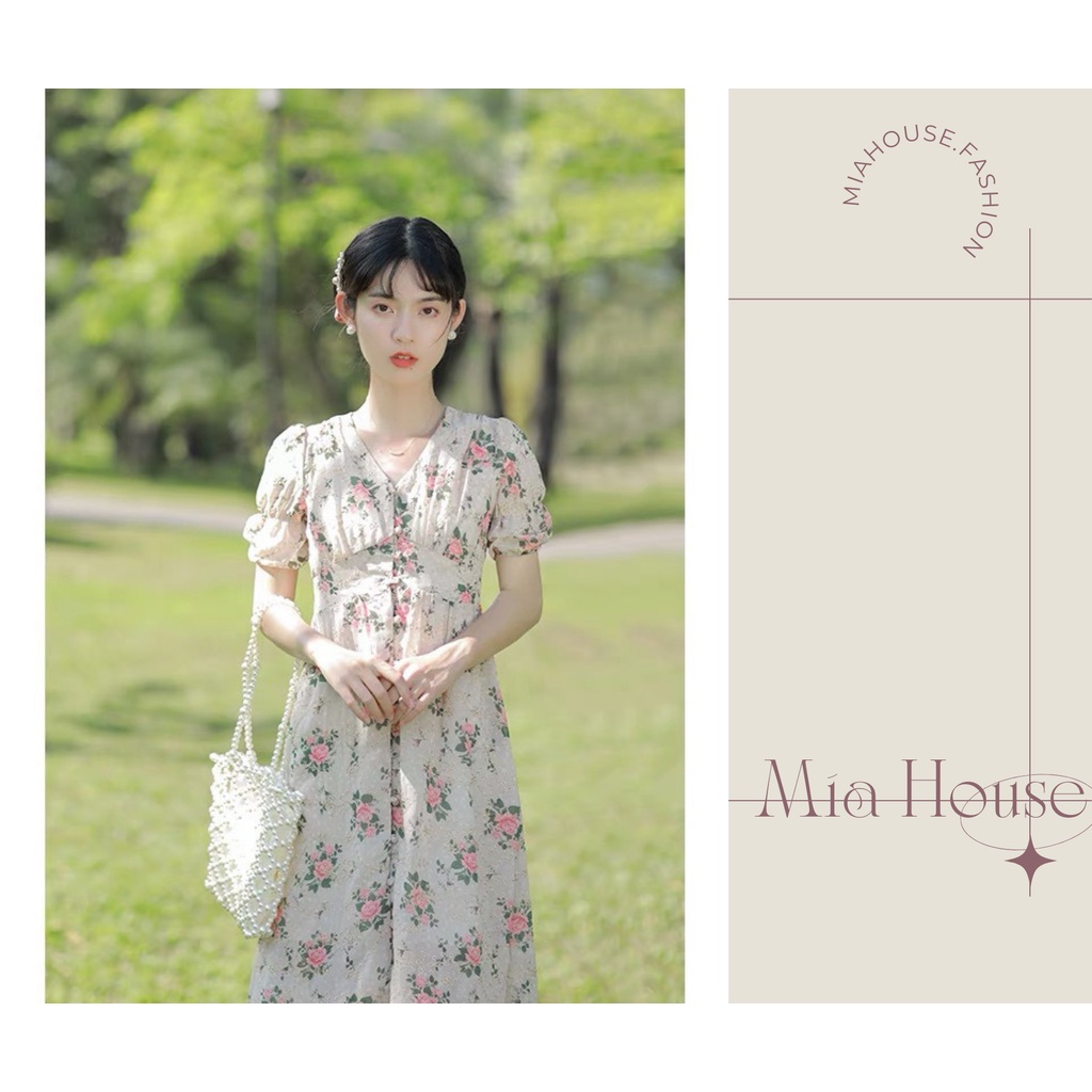 Váy Kiểu Pháp Xẻ Tà Thêu Hoa Thiết Kế Tay Phồng Nhẹ Nhàng Kết Hợp Cổ Chữ V Phong Cách Cổ Điển