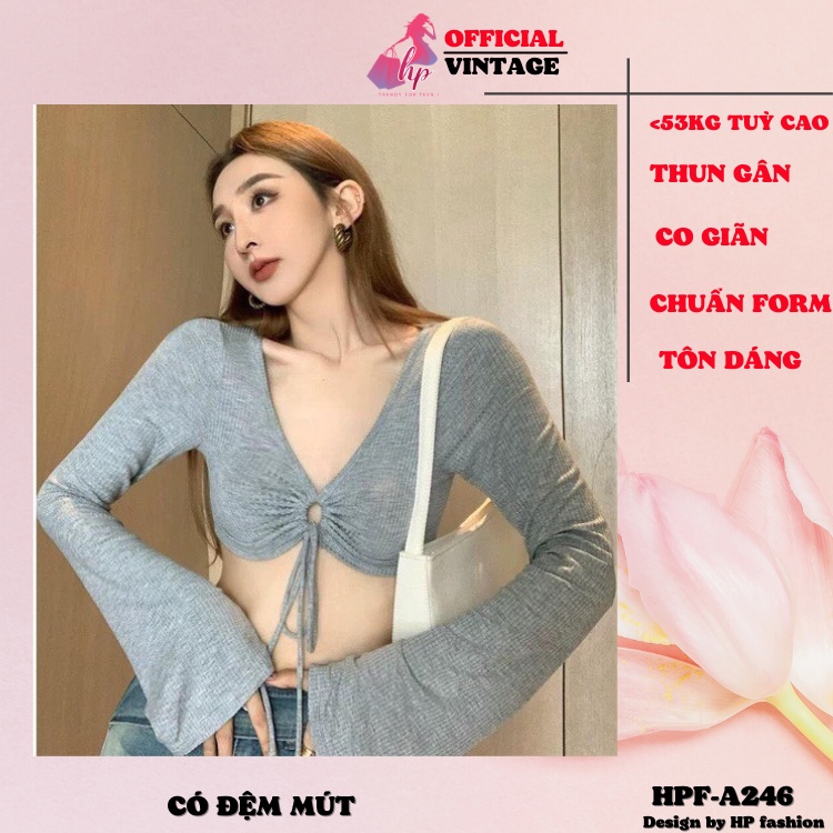 Áo croptop tay dài cổ V, áo nữ body tay loa thun gân màu đen kiểu dáng hàn quốc A246