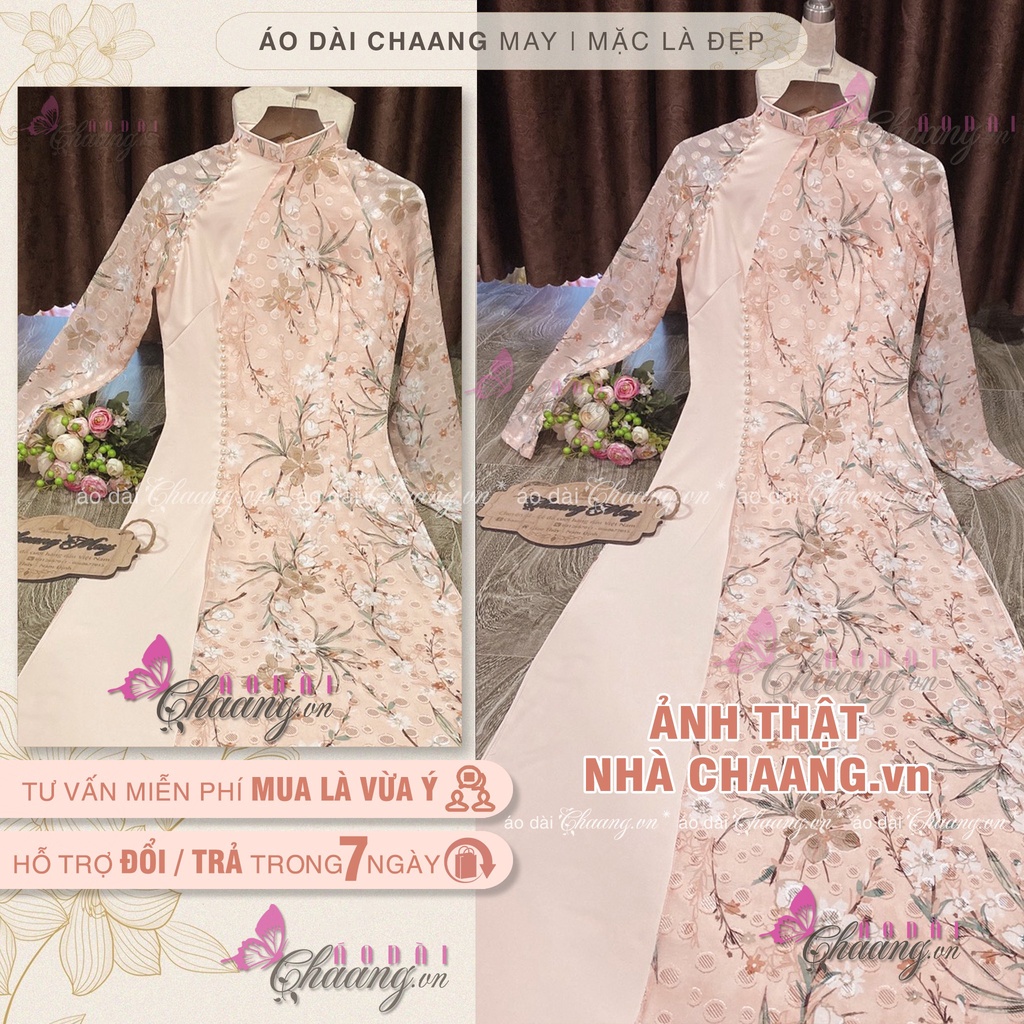 Áo dài hoa nhí da hồngChaang may sẵnÁo dài 4 tà truyền thống đính đá ngọc đẹp cao cấp