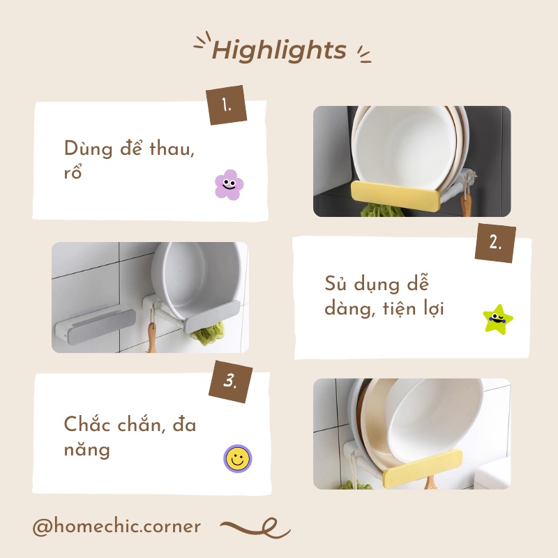 Giá đựng thau, rổ, chậu, kệ đựng nắp nồi gấp gọn dán tường đa năng | HOME CHIC CORNER