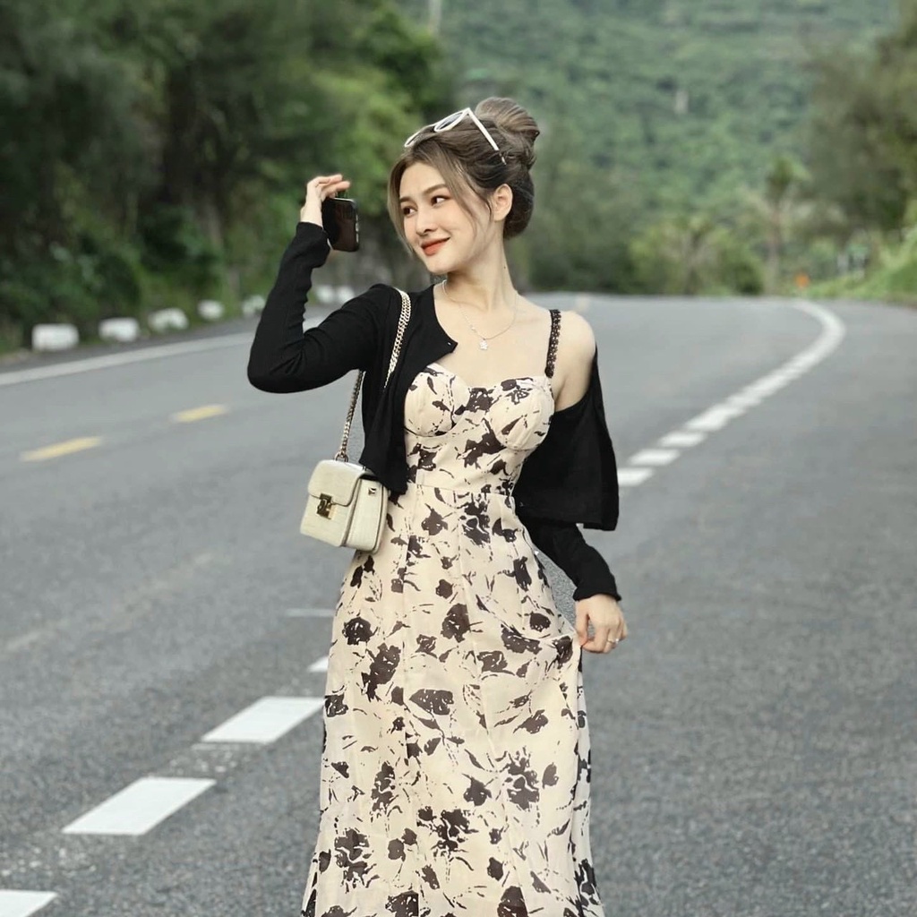 Set đầm dây hoa đen cúp ngực kèm áo cadigan len tăm SIKY VH05