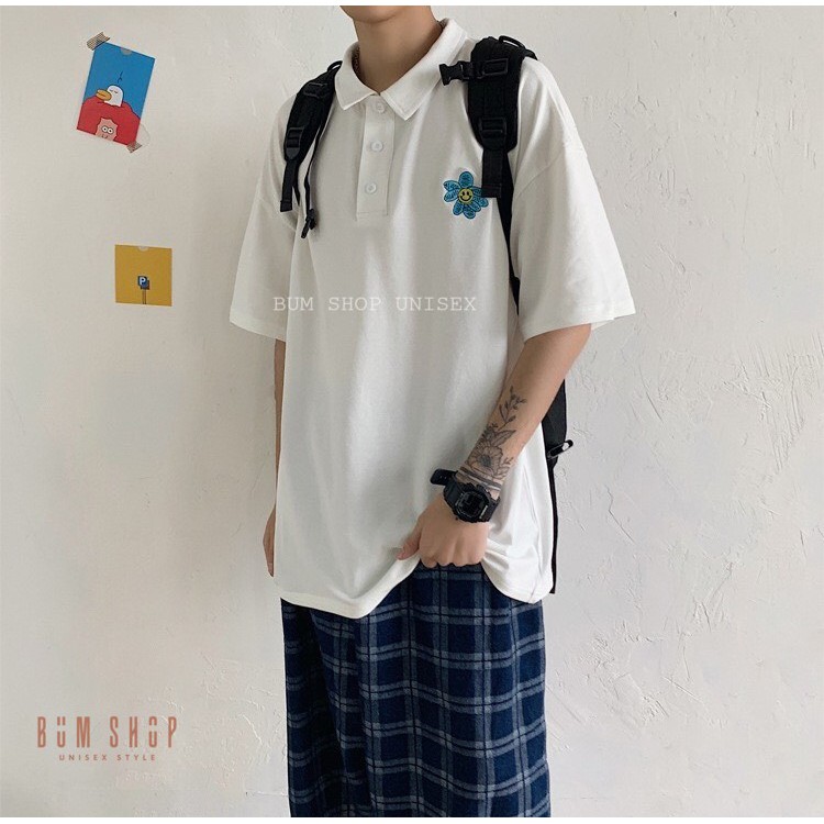 Áo Thun Polo Có Cổ Form Rộng Unisex Nam - Thêu Hoa Cúc - TTLCC51 - Hàng Đẹp Giống Hình - Chất Cotton Mềm Mát