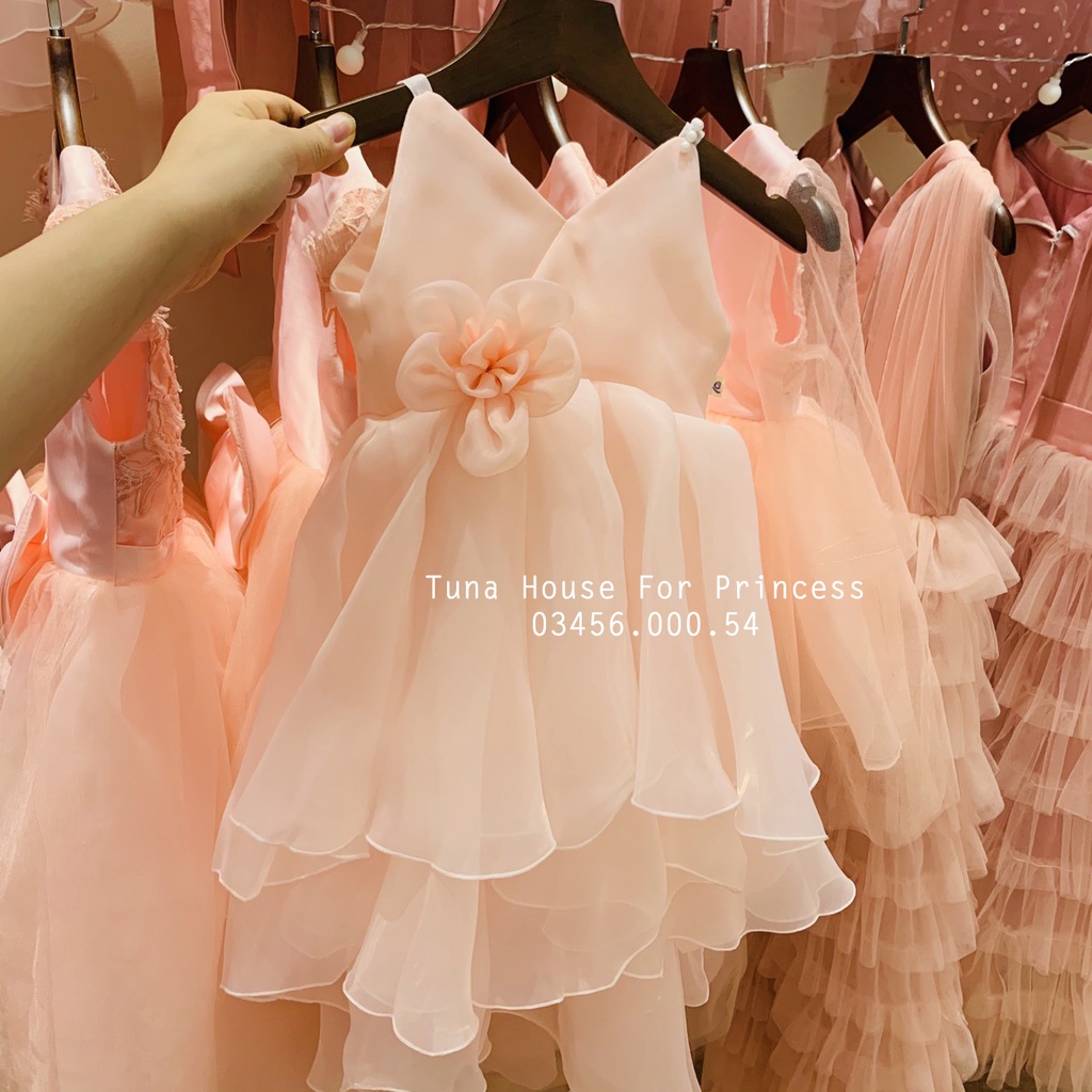 Váy đầm xoè công chúa mặc thôi nôi đầy tháng cho bé gái 2 dây eo đính hoa - Tuna House For Princess