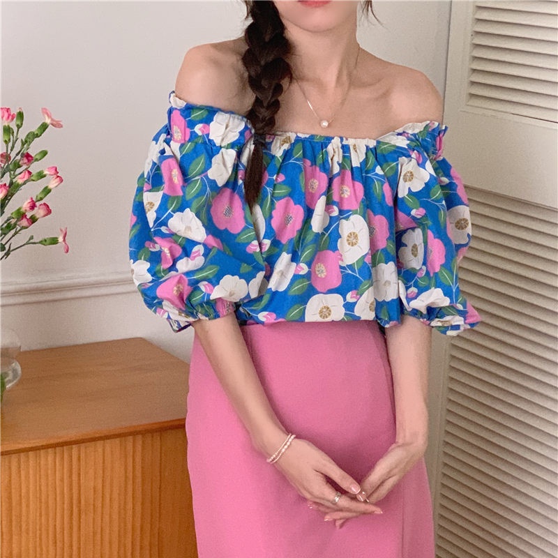 SUXI Áo Kiểu Cổ Vuông Tay Ngắn Dáng Rộng In Họa Tiết Hoa Phong Cách Hàn Quốc Xinh Xắn