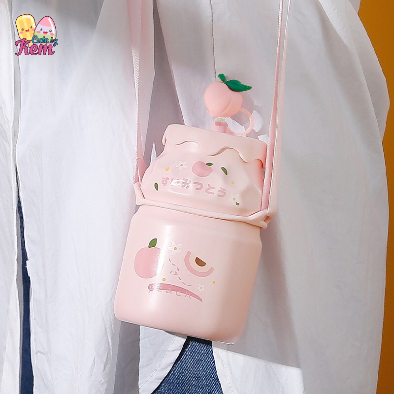 Ly cốc sứ uống nước Yakult dễ thương dung tích 550ml, có nắp đậy và Ống hút