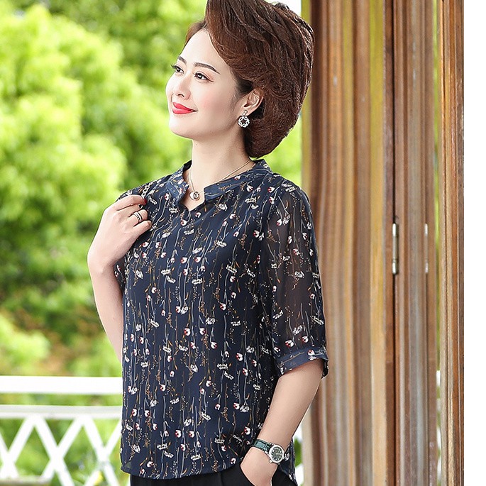 Áo sơ mi ngắn tay kiểu tây nữ trung niên và cao tuổi 2021 bộ đồ mùa hè mới mẹ kết hợp voan hoa