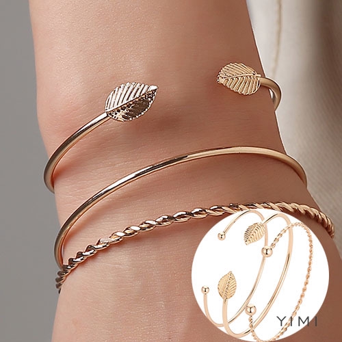 Cod💞Yimi💞Bộ 3 Vòng Tay/Vòng Tay Họa Tiết Chiếc Lá Đính Đá Đơn Giản Thời Trang Cổ Điển Cho Nữ