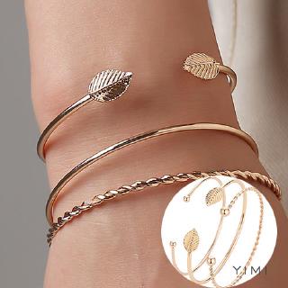 Cod💞yimi💞bộ 3 vòng tay/vòng tay họa tiết chiếc lá đính đá đơn giản thời trang cổ điển cho nữ