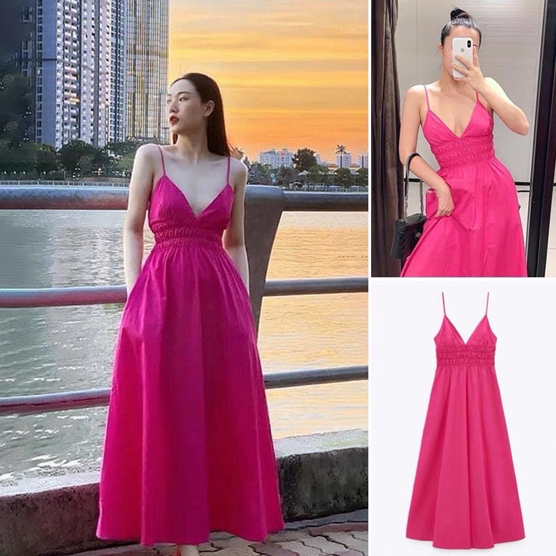 Đầm maxi hai dây nhún eo dáng xòe có mút ngực đi chơi đi biển siêu xinh