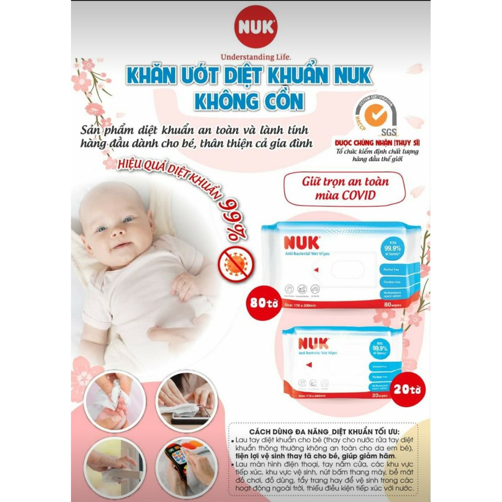 KHĂN ƯỚT DIỆT KHUẨN 99.9% NUK BẢO VỆ BÉ (20 TỜ/GÓI) NUK ANTIBATERIAL WIPES, 20 PCS/BAG