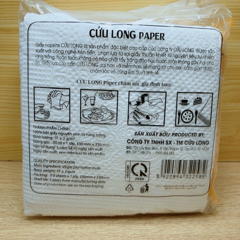 Khăn giấy vuông, khăn ăn gấu trúc Cửu Long bịch 50 tờ 33*33 cm