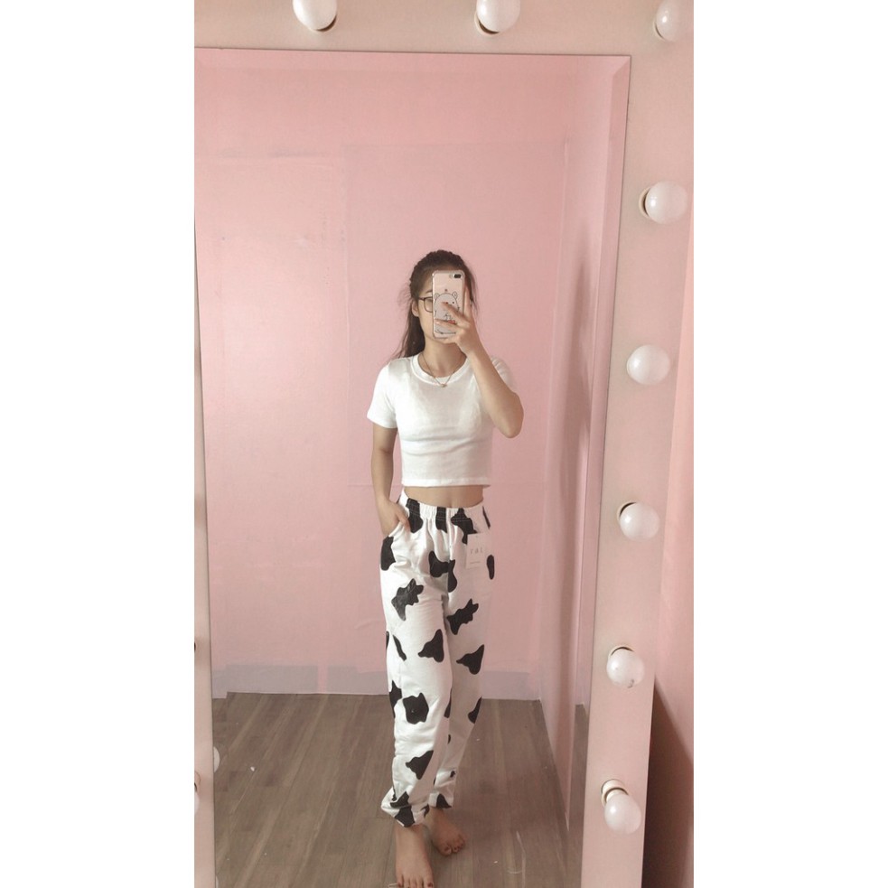 Quần suông ulzzang kiểu jogger loang bò sữa lưng thun bo gấu/ Quần ống rộng nam nữ thời trang hàn quốc_kudoshop