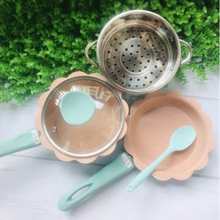 Bộ Nồi Chảo Cho Bé Ăn Dặm, Nồi Chảo Nấu Quấy Hình Hoa Cao Cấp, Men Đá Chống Dính, Kèm Xửng Hấp