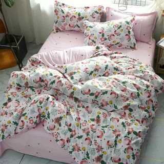 Bộ chăn ga gối hoa ga hồng cotton poly