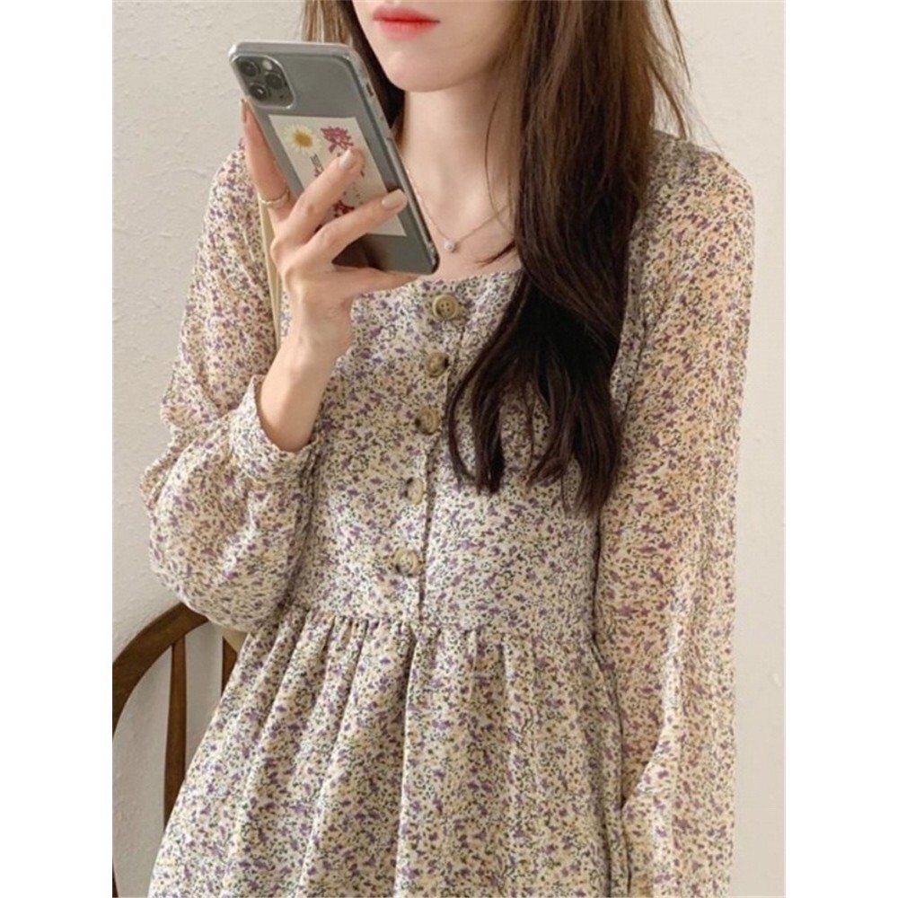 Váy babydoll hoa nhí dáng xòe tay dài, thiết kế vintage Ulzzang Hàn quốc SANMAY VD008 | BigBuy360 - bigbuy360.vn