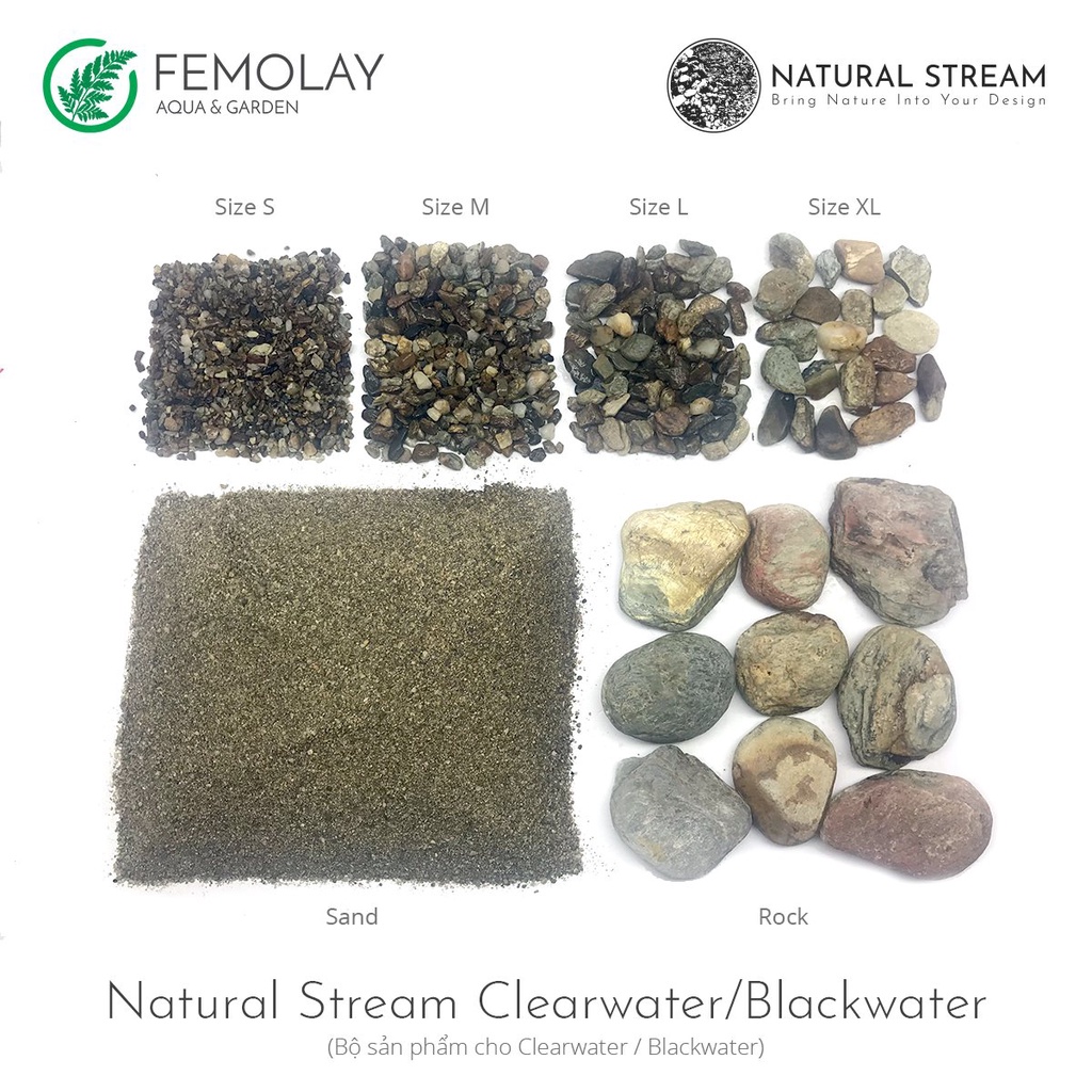 Combo Cát Suối + Sạn Suối + Đá Cuội Suối Cao Cấp Femolay Natural Stream |Trang trí Trải Nền Bể Thủy Sinh, Biotope.