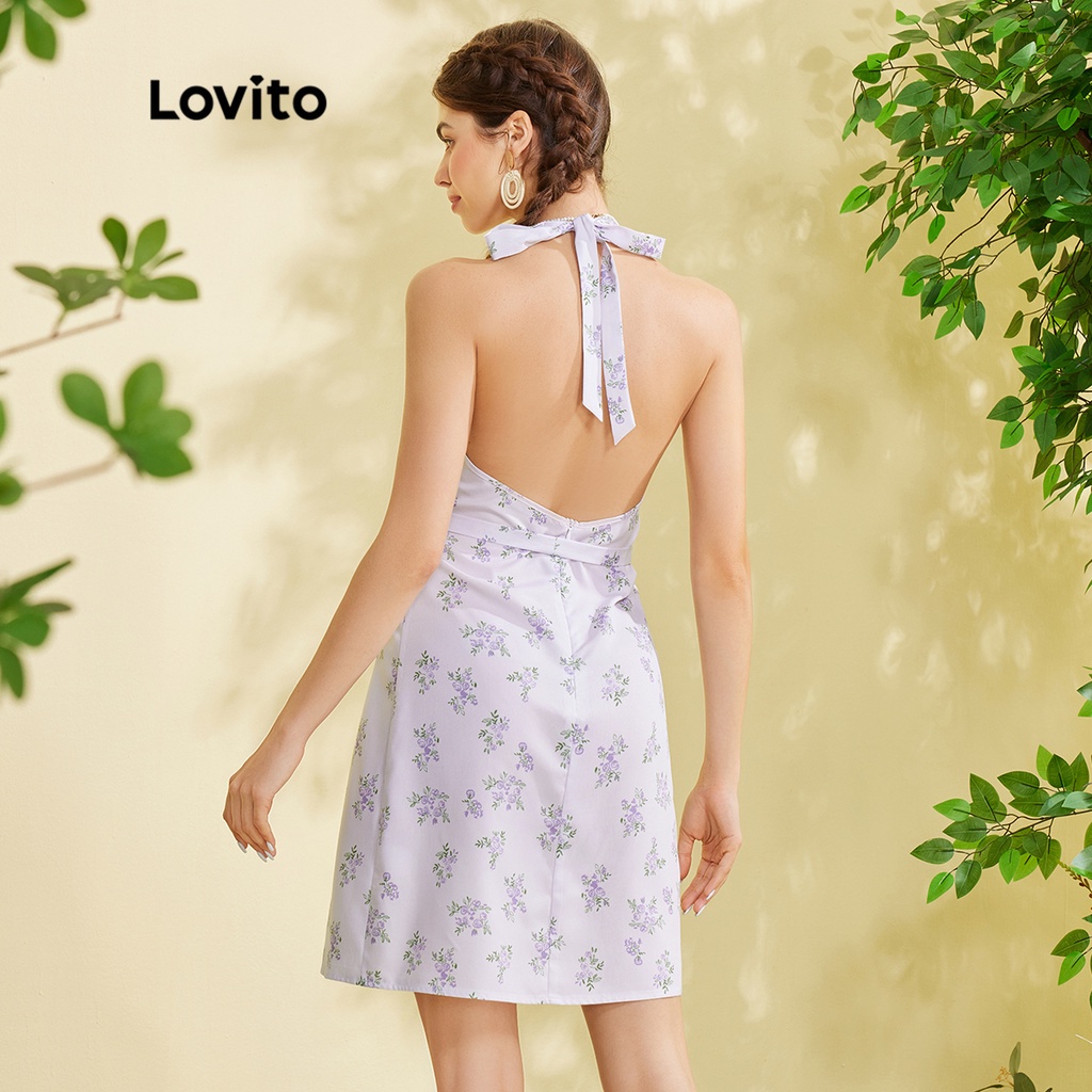 váy đầm (Lovito Exclusive) FREE NATURE Thực vật không lưng Bình thường L28EE003 (Tím nhạt)