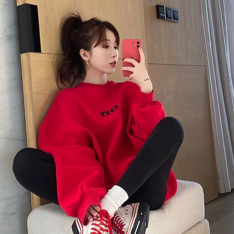 Áo sweater in chữ màu đỏ phong cách Hàn Quốc thời trang thu đông 2021 retro cho nữ