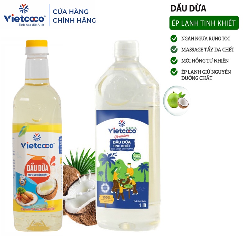 Dầu dừa Vietcoco nguyên chất 100%, nấu ăn, làm bánh, massage, chăm sóc mẹ và bé
