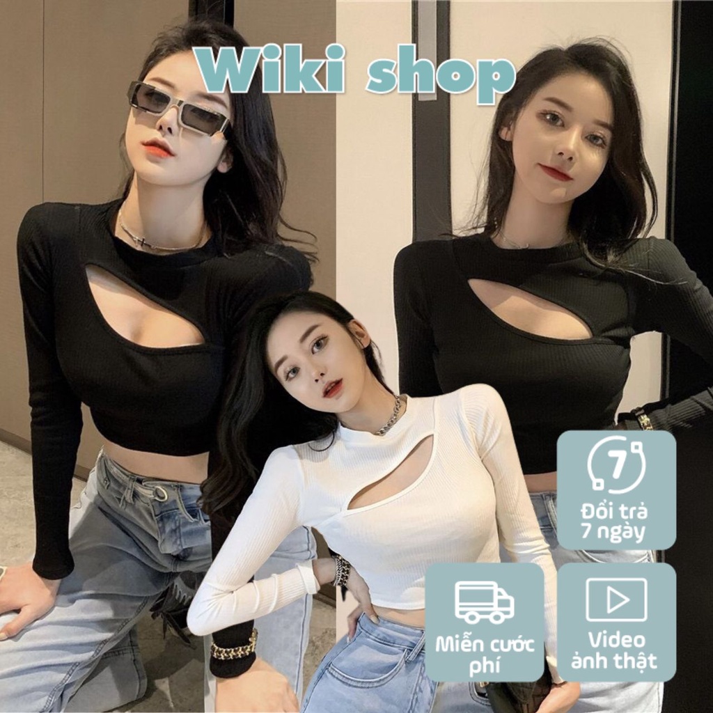 Áo croptop dài tay nữ, áo thun nữ dáng lửng khoét ngực cut out freesize phom ôm body đen trắng Wikishop đi chơi C1056