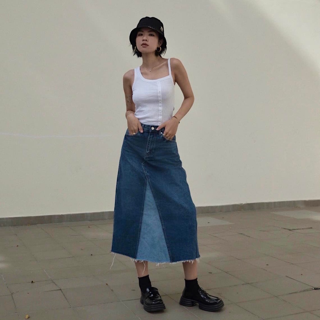 TheBlueTshirt - Váy Jeans Suông Nữ Màu Xanh Đậm - 1970s Denim Midi Skirt - The 1975 Wash