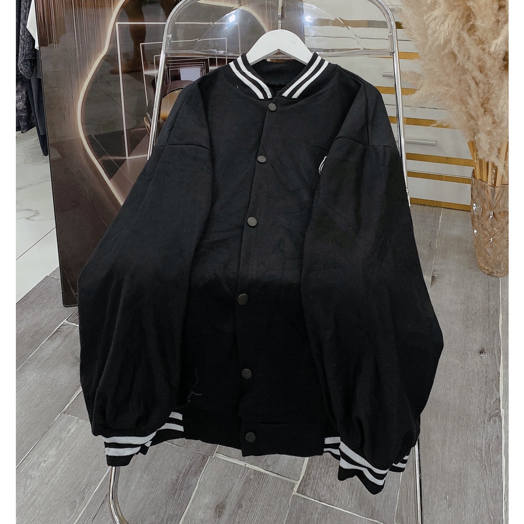 Khoác Bomber Unisex Nam Nữ Thêu Ngực Cậu Bé Dáng Rộng Viền Cỏ Tay Bồng Basic
