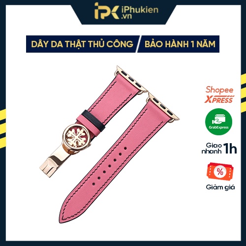 Dây Da Handmade [DA THẬT, BẢO HÀNH 1 NĂM] Swift Hồng Chỉ Đen cho Apple Watch Seris 1/2/3/4/5/6/7