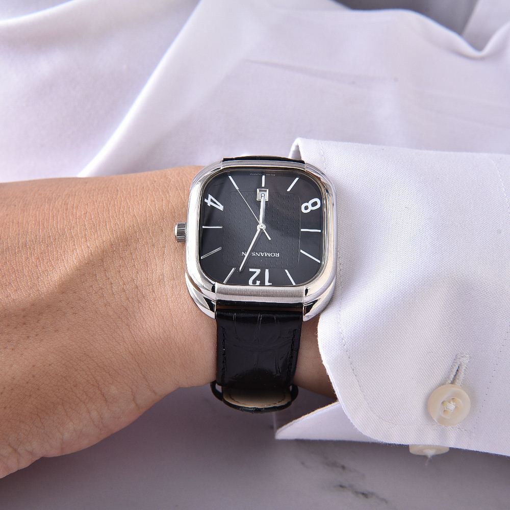 Đồng hồ Romanson Men Watch TL1257MWBK mặt chữ nhật kính chống xước, máy Thụy Sĩ, dây da cao cấp chính hãng