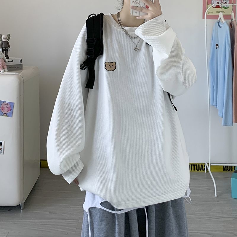 Áo thun tay dài cổ tròn thêu họa tiết hoạt hình phong cách Hàn Quốc cho nữ