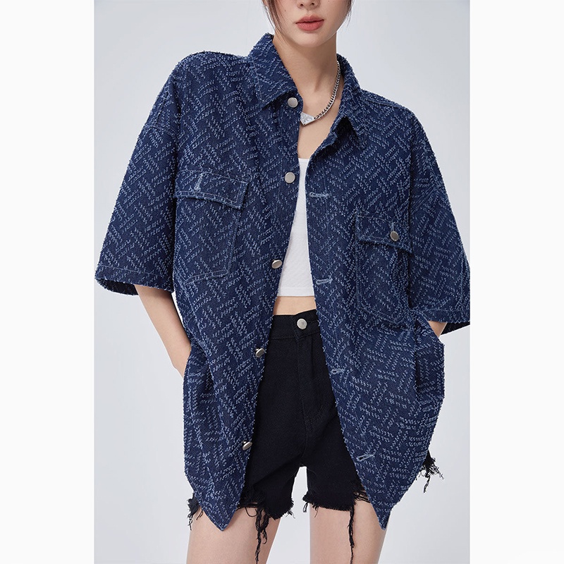 Ethelgirl Áo Sơ Mi denim Mỏng Tay Ngắn Phong Cách retro Thời Trang Dành Cho Nữ