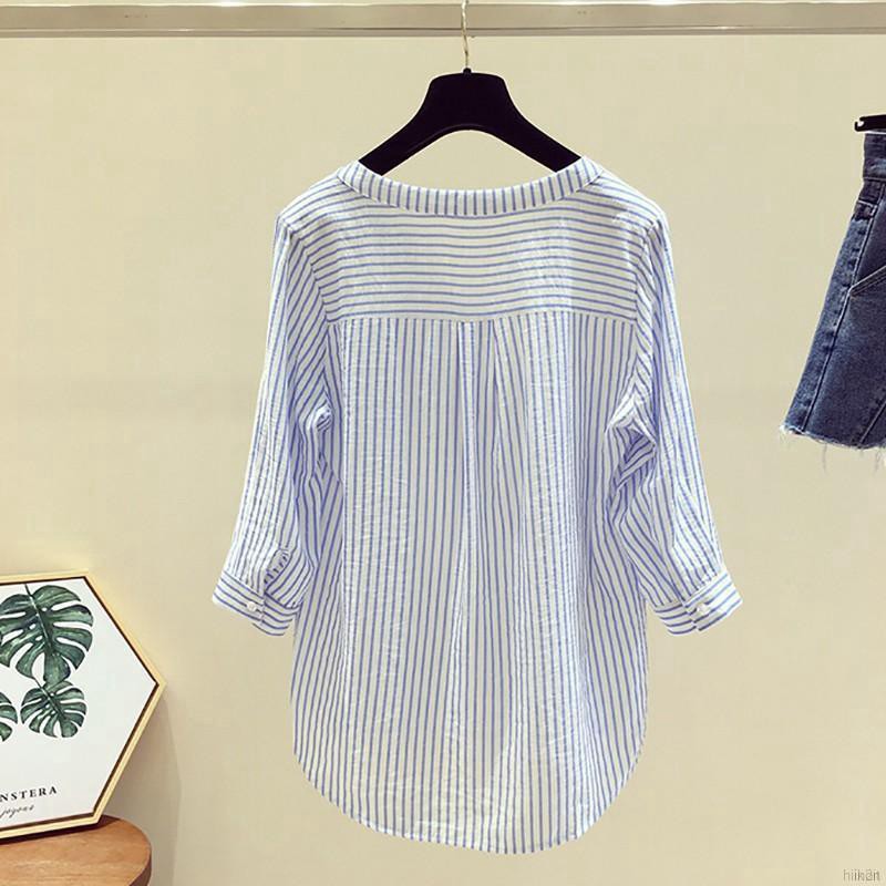 Áo sơ mi tay lỡ hoạ tiết kẻ sọc thiết kế dáng rộng thoải mái