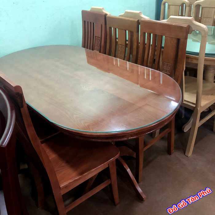 Bàn ăn 6 ghế gỗ sồi hình oval màu trắng + nâu