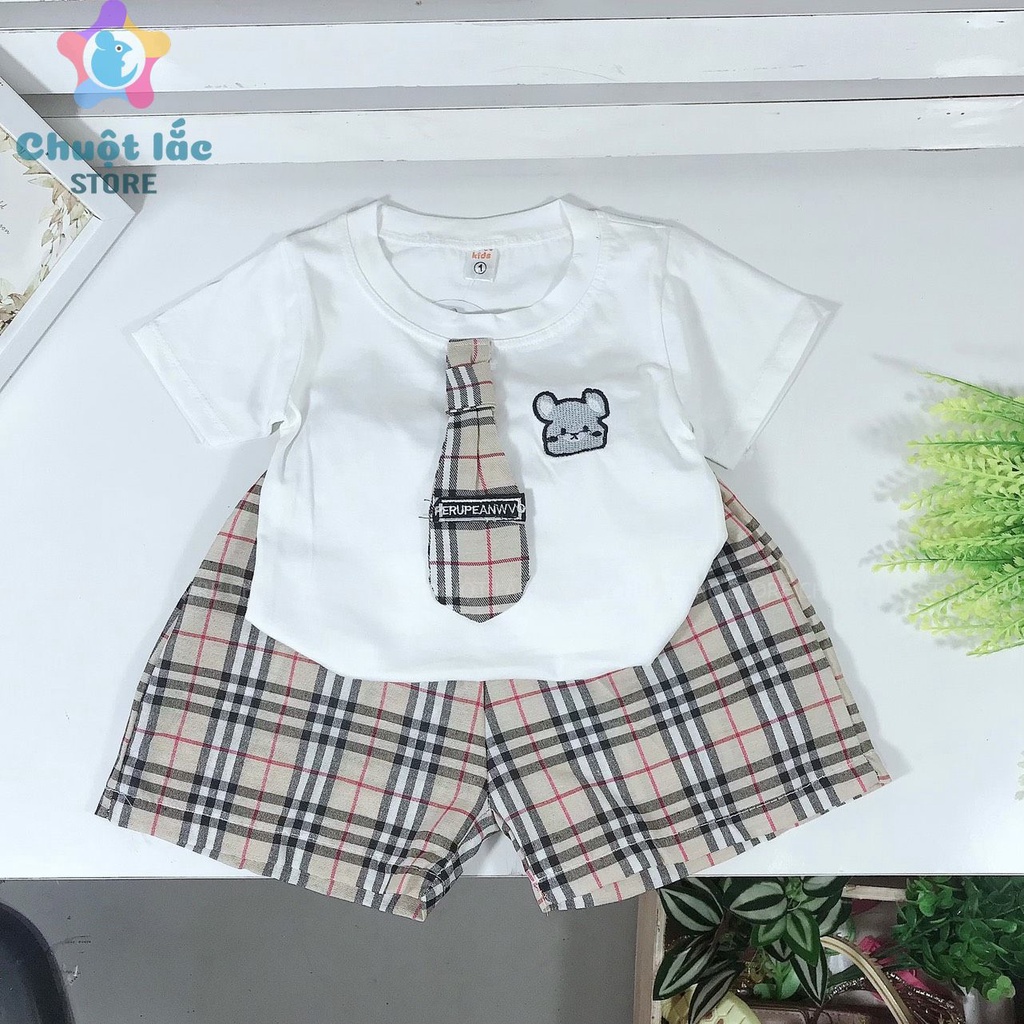Bộ Quần Áo Bé Trai Chuột Lắc Store Cà vạt Thun Cotton Mềm Mại 7kg Đến 20kg Màu Xám Trắng Kem
