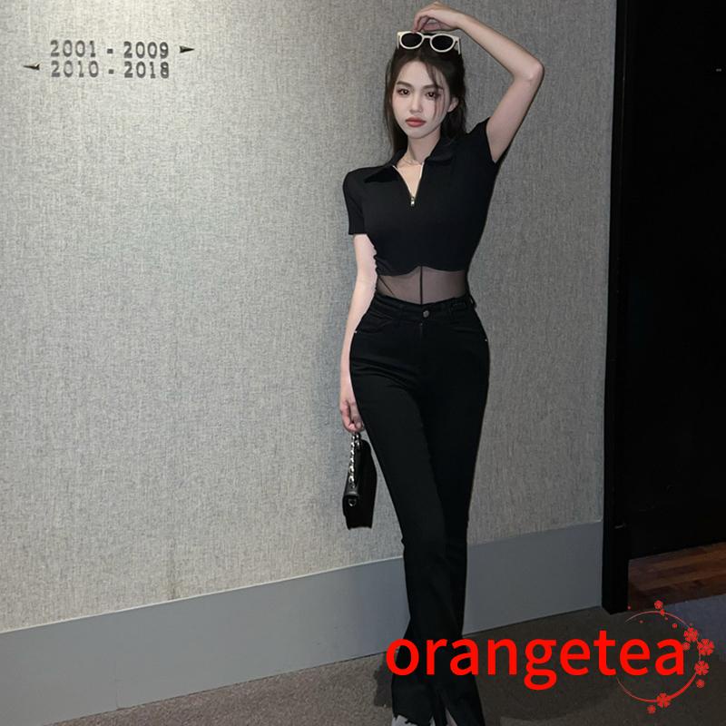 ORT-Women Attractive Sheer Bodysuit, Black Solid Color Quarter Zip Turn-down Neckline Romper | WebRaoVat - webraovat.net.vn