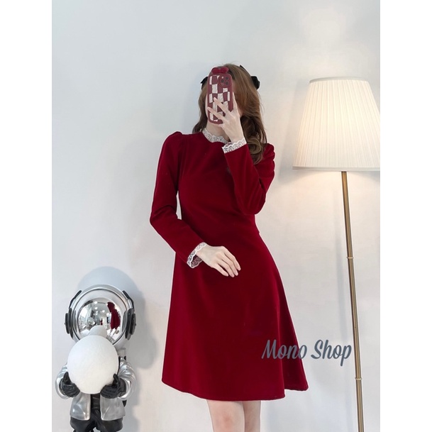 Đầm nhung cổ và tay viền ren cột dây sau Ảnh thật/ sẵn