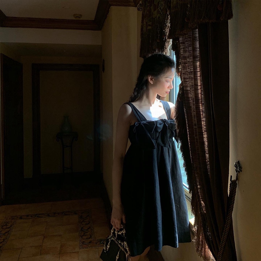 [Summer stock] thin white sling dress bow skirt princess dress A-line skirt