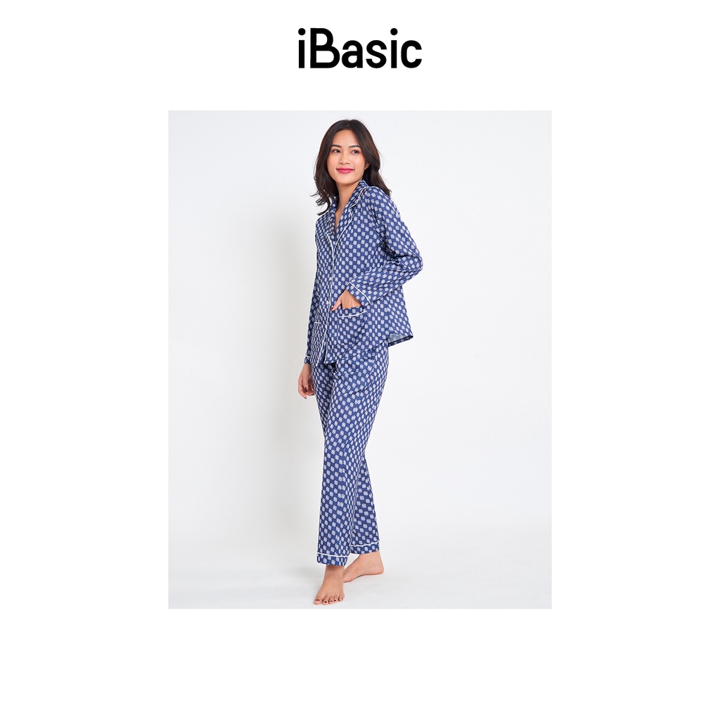 Bộ pyjama nữ lụa Satin dài hoạ tiết icon iBasic HOMW029T và HOMW029B