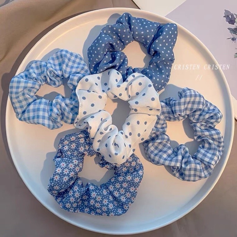 Set 5 dây buộc tóc scrunchies màu xanh dương hoạ tiết caro/chấm bi cho nữ