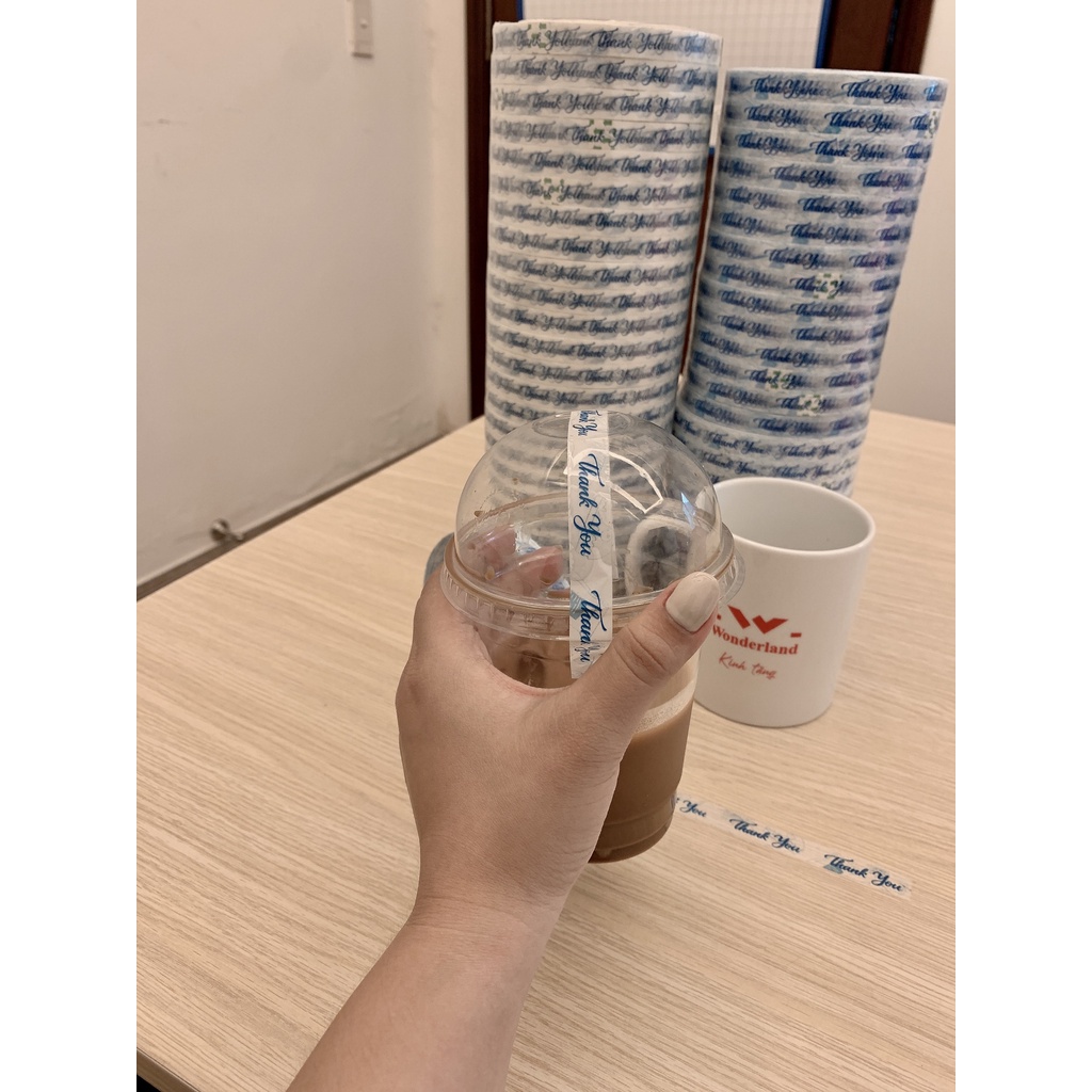 1 cuộn băng keo nền trắng sữa in chữ thank you dán ly trà sữa, cà phê 12mm x 72met