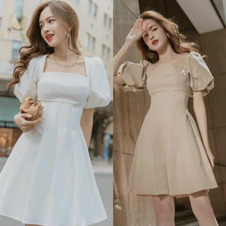 [ẢNH THẬT] đầm nữ dáng xòe cổ vuông tay phồng xếp ly eo (kèm mút ngực)