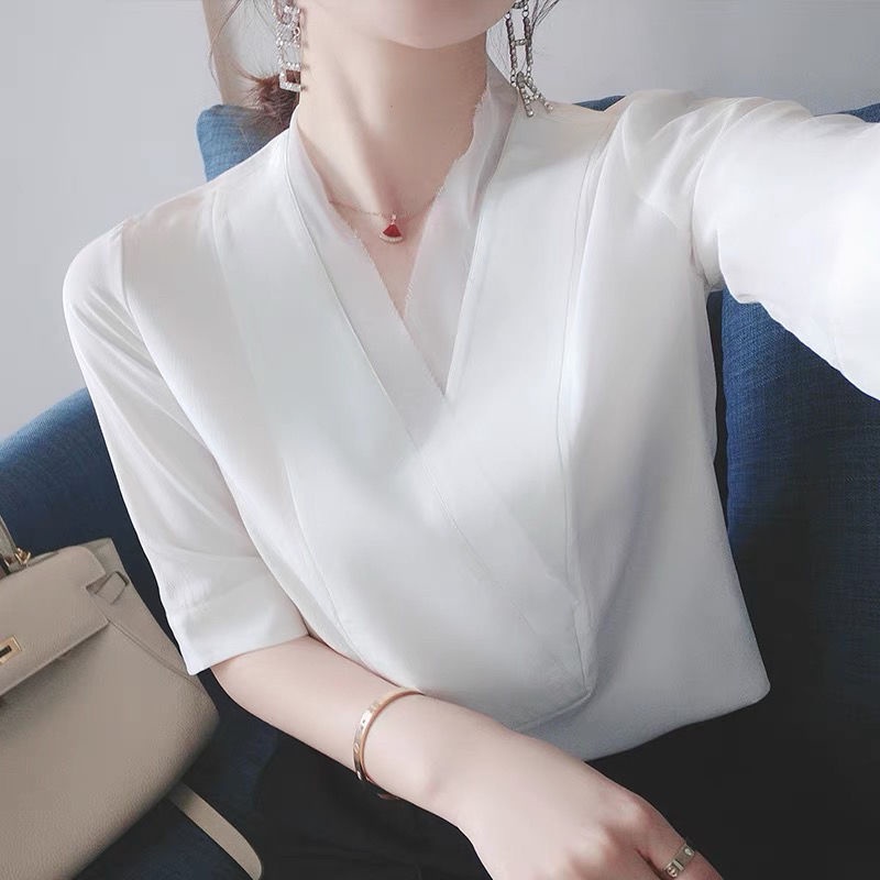 Áo Sơ Mi Chiffon Tay Lửng Cổ Chữ v Dáng Rộng Thời Trang Mùa Hè Cho Nữ K3AL
