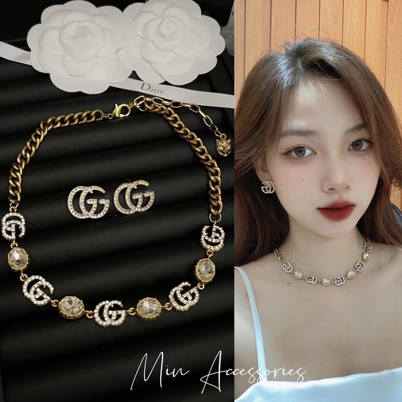 Sét trang sức gucci đính đá tiểu thư, vòng cổ đính đá sang trọng, sành điệu.