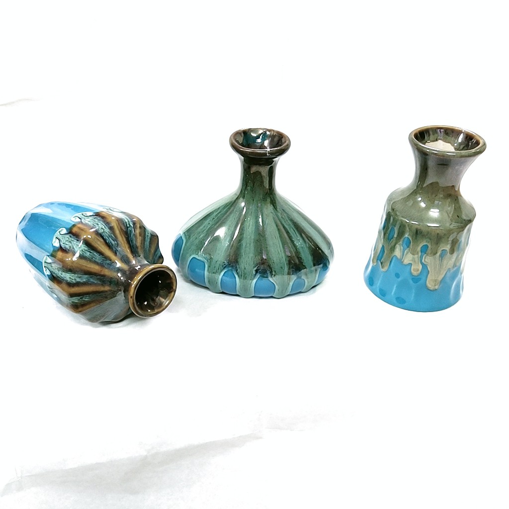 Set bộ 3 bình gốm men hỏa biến kiểu rọc dưa, màu xanh navy