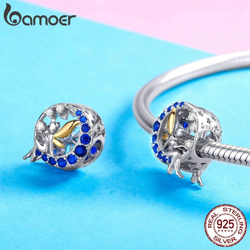 Bamoer Mặt Dây Chuyền Bạc 925 Hình Thiên Thần Và Mặt Trăng Xanh Charms