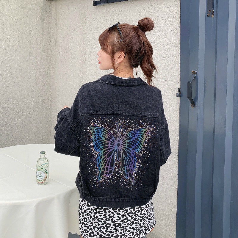 Áo Khoác denim Dáng Rộng In Hạt Cườm Phong Cách Hàn Quốc Thời Trang Mùa Thu Mới Cho