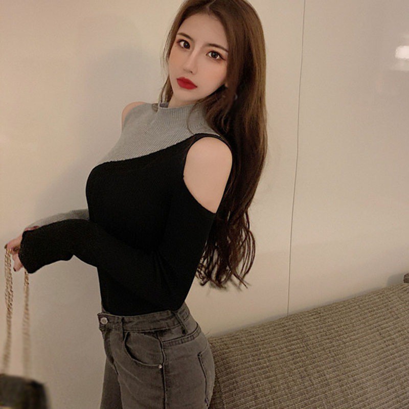 Áo Dệt Kim Trễ Vai Phối Màu Tương Phản Cá Tính Xinh Xắn Cho Nữ